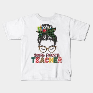 Santa's Favorite Teacher Messy Bun Buffalo Plaid Christmas Gift Kids T-Shirt